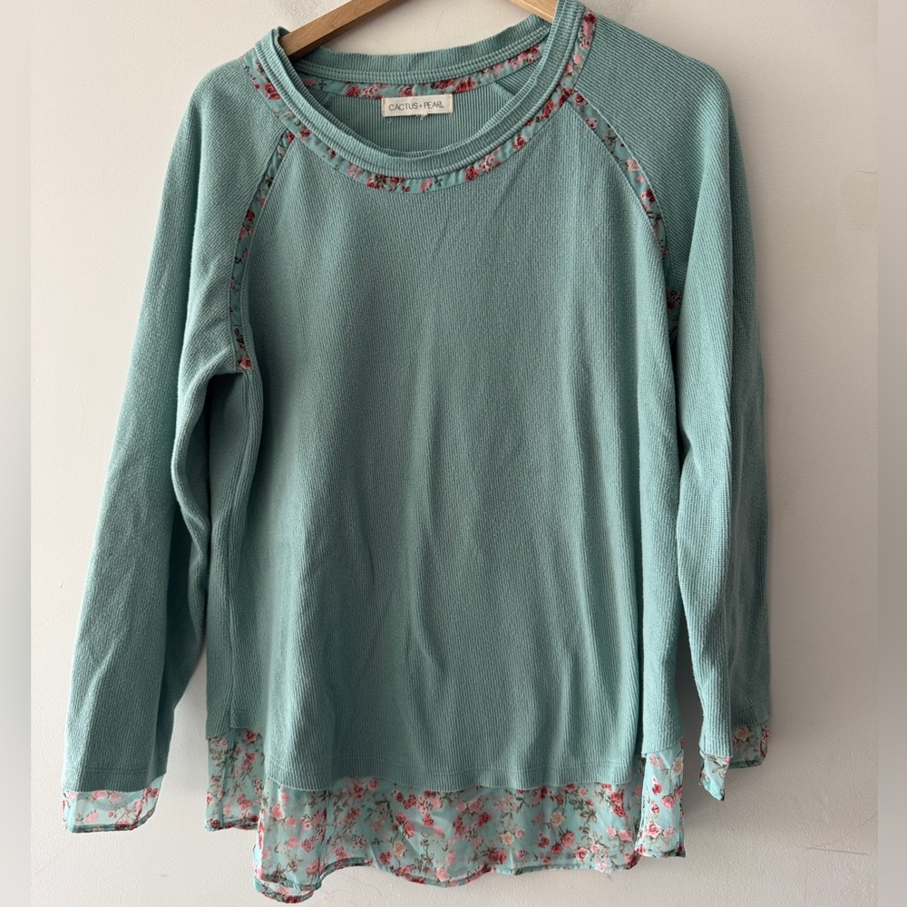 Cactus and Pearl Boho Waffle Knit Thermal Long Sleeve Floral Trim